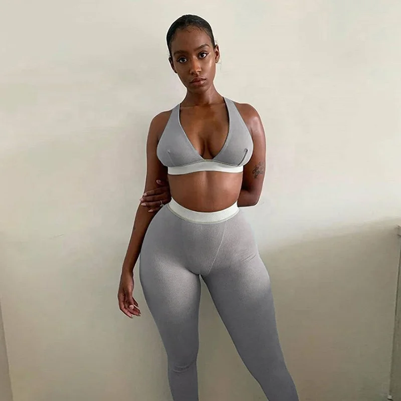 

Custom Logo Gym Yoga Active Wear Sportswear 2 Piece Sports Bra Ribbed Leggings Set Women Pants Sports Suit Workout Clothing