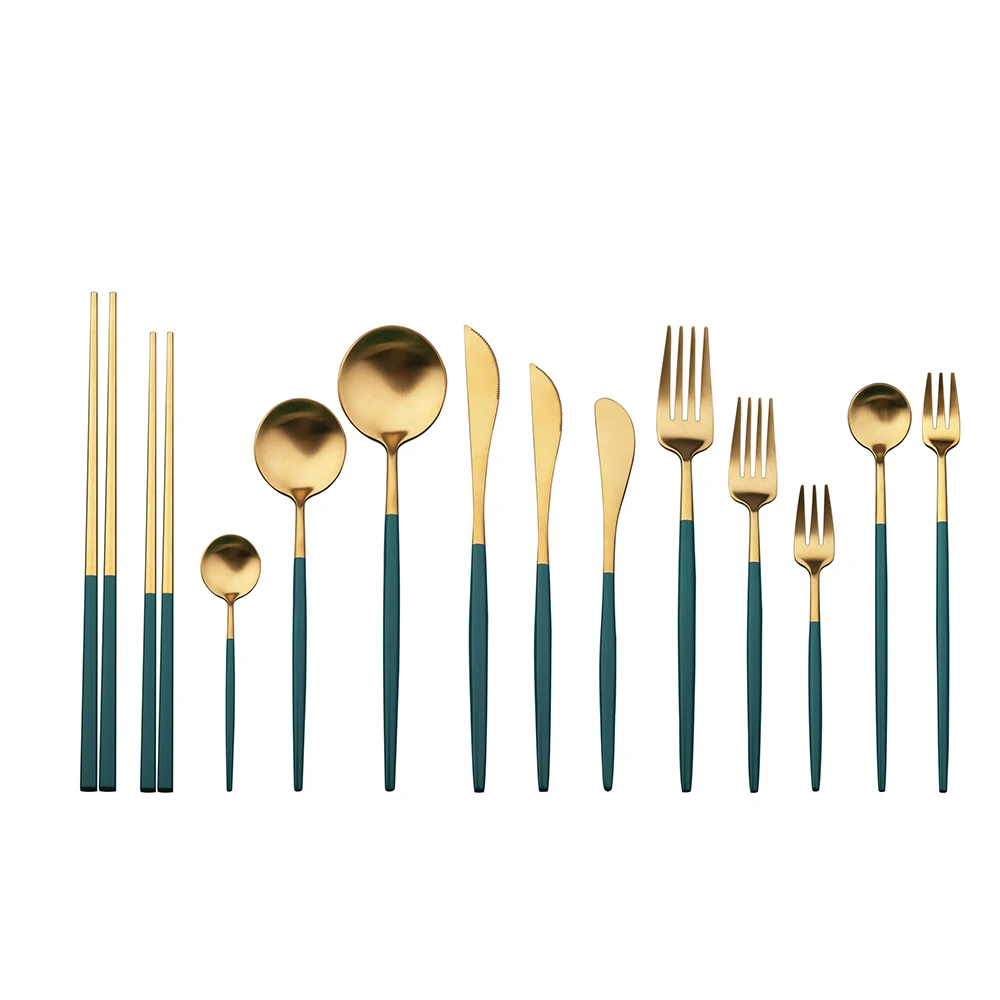 

Hot Sales Model Metal green gold Painting fork and spoon Cutlery set golden knife fork Anne Portuguese tableware