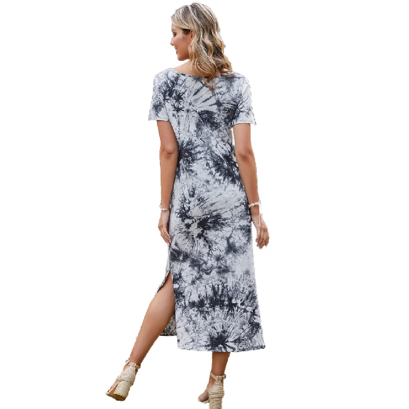 

Chinese Style Ink Splash Print Tie Dye Dress Bodycon Slit Midi Dress, Multi