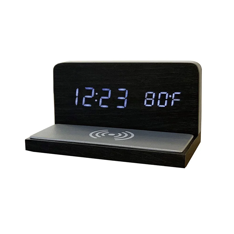 

digital wood alarm clock for home decoration wood clock wireless charger Voice Control LED Calendar Time Temperature, Black
