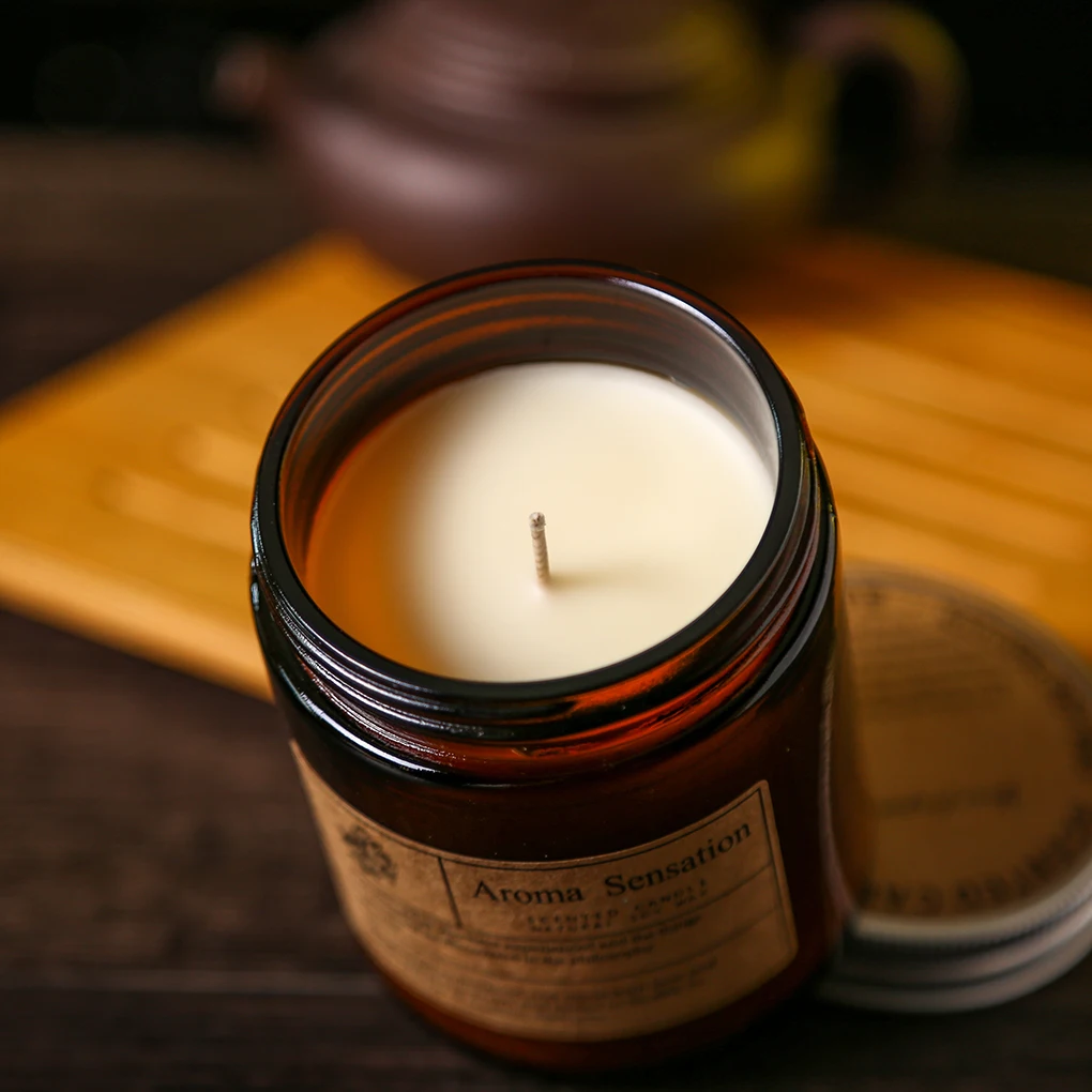 brown glass jar scented candle soy