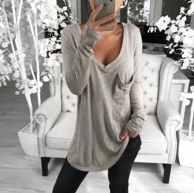 

Women's Sexy V-neck Casual Long Sleeve T-shirt With Pocket, 5 colors