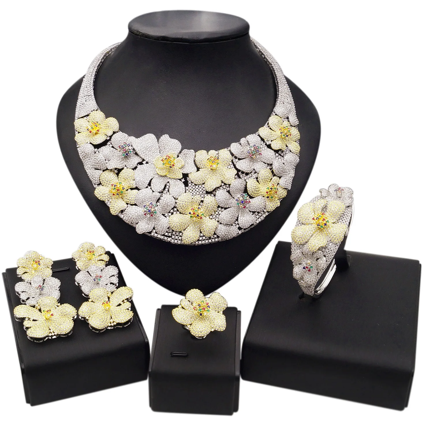 

Yulaili Nigerian Wedding Bridal Jewelry Sets Crystal Trendy Bangle Earrings Necklace Ring Women Anniversary Party Jewelry Sets