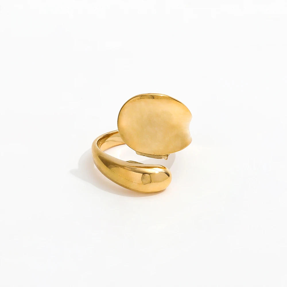 High End 18K Plain Gold Irregular Oval Wafer Open Ring Stainless Steel Trendy Simple Gold Plated Jewelry