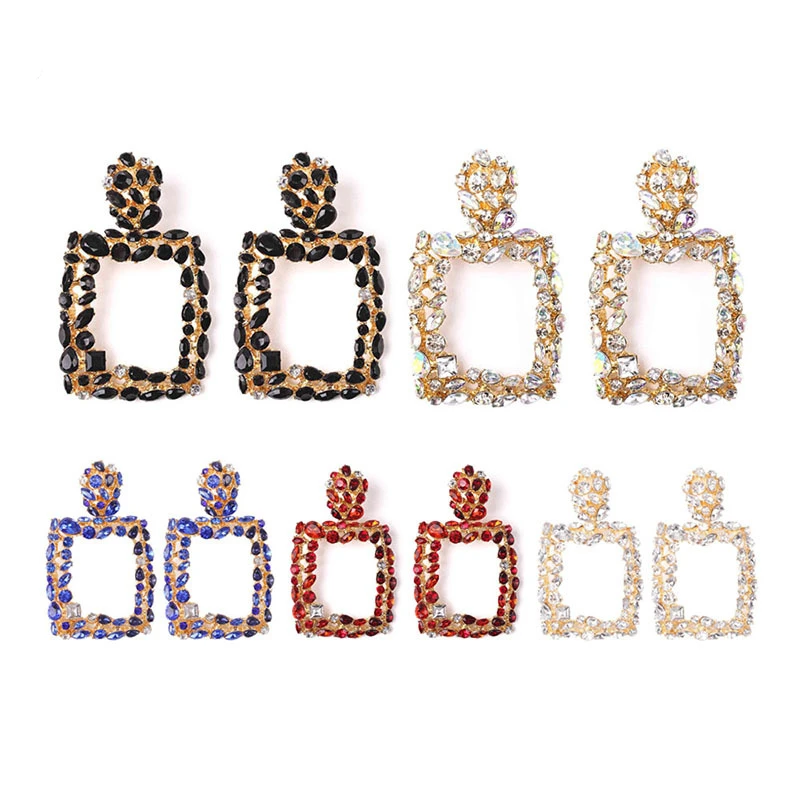 

Jachon Exaggerated full diamond geometric square luxury color rhinestone earrings for women