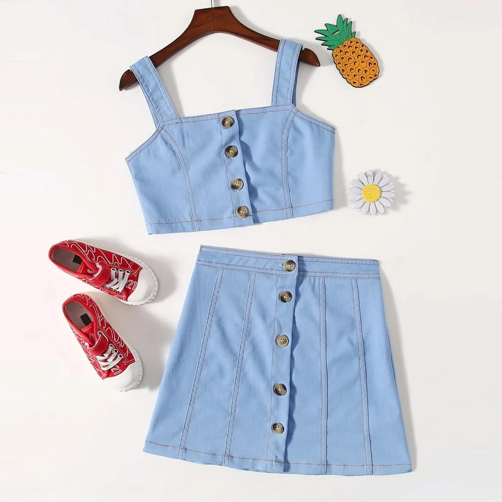 

Girl Clothes Skirt Sets Summer Outfits Blue Crop Top Button Skirt 2 pcs Sets, Picture shows