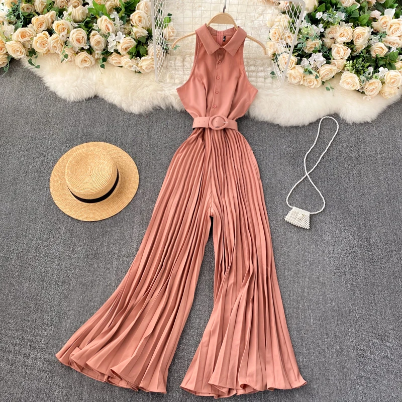 CUBEAR CBYJ0028 Elegant Style Solid Color Sleeveless Lapel Neck Front Button Belted Waist Pleated Leg Jumpsuit For Women