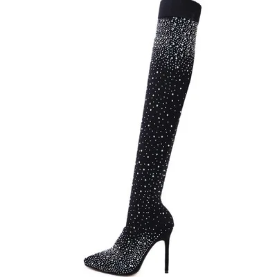 

Black Diamond Long Pointed Knee Thigh High Sock Luxury Women Boots, White /green