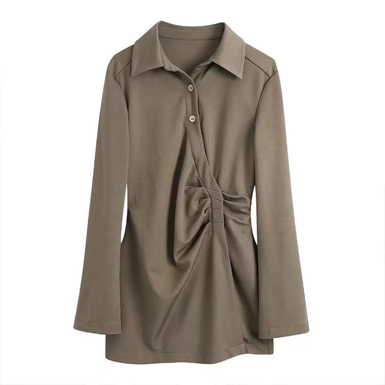 

BMURHM ZA2021 autumn and winter new ladies high street pleated decoration lapel single-breasted long ladies shirt, Shown