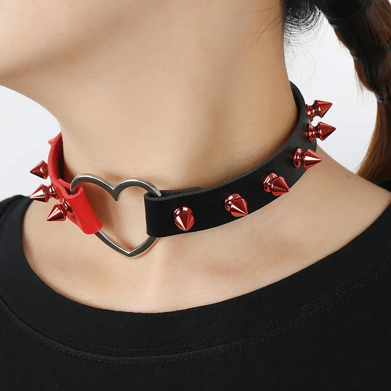 

Punk Heart Shape Necklace Choker Half Black Half Red Handmade Spike Rivet Gothic Charm Necklace