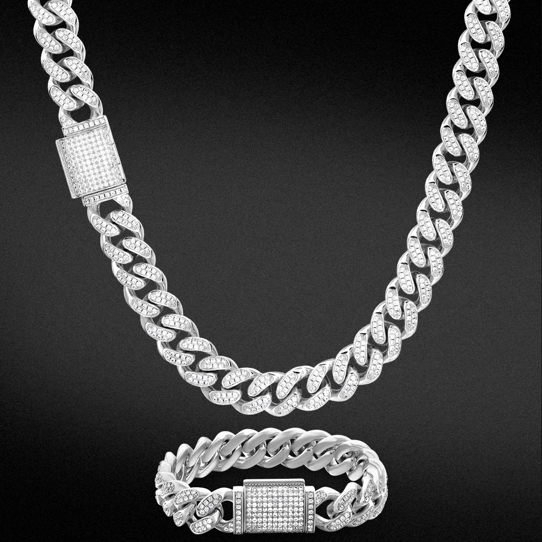 

KRKC 12mm Hip Hop Men Iced Out CZ Chain Set White 14k Gold Cuban Bracelet Cubic Zirconia Diamond Real Cuban Link Chain Necklace
