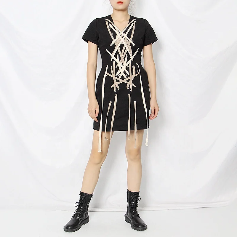 

Fashion High Street Bodycon Dress Dark Wind Woven Cross Drawstring Strap Waist Women Lace Up Club Dresses, Black