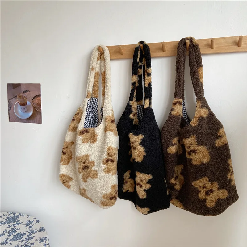 

Women Lamb Like Fabric Shoulder Tote Bag Canvas Fluffy Fur Bear Handbags Large Capacity Soft Shopping Bags Girls Cute School Bag, Customized color