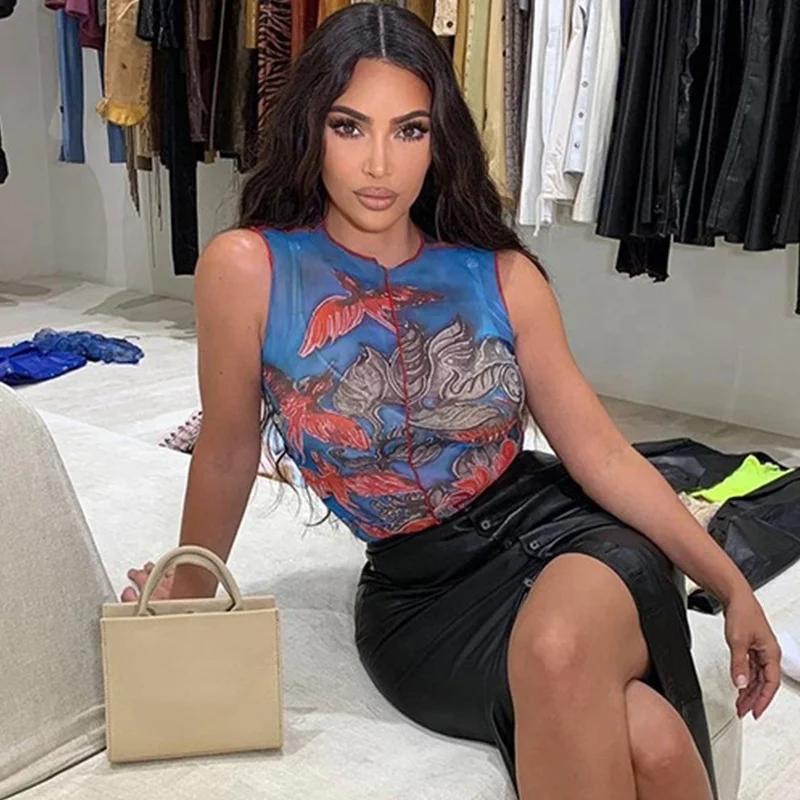 

2020 New arrivals woman tops fashionable crop painted sleeveless knitted ladies cami top crop top women, Blue