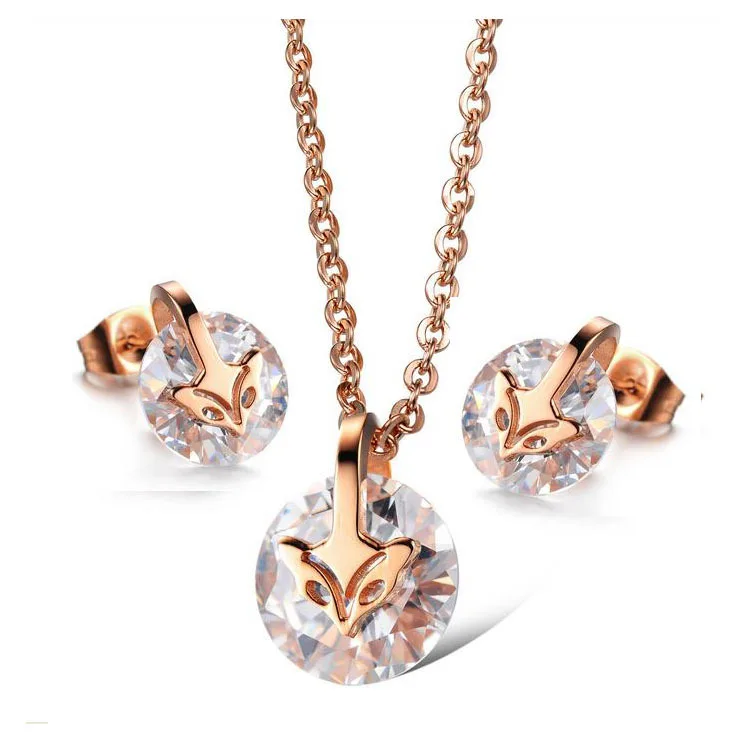 

Fashion Stainless Steel Fox Pendant Necklace Matching Earrings Set, Rose gold
