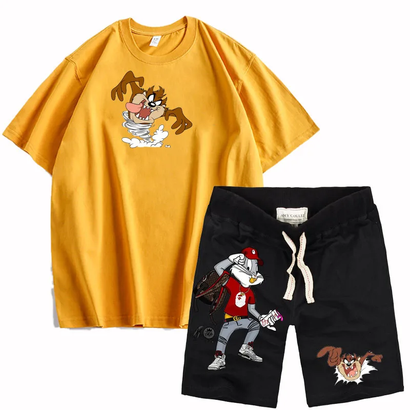 

Custom Logo 100% Cotton 2021 Casual Men's Loose Short Sleeved T Shirt Sets Summer Male Tracksuit Cartoon Shorts 2 Pieces Set, Accept custom made color