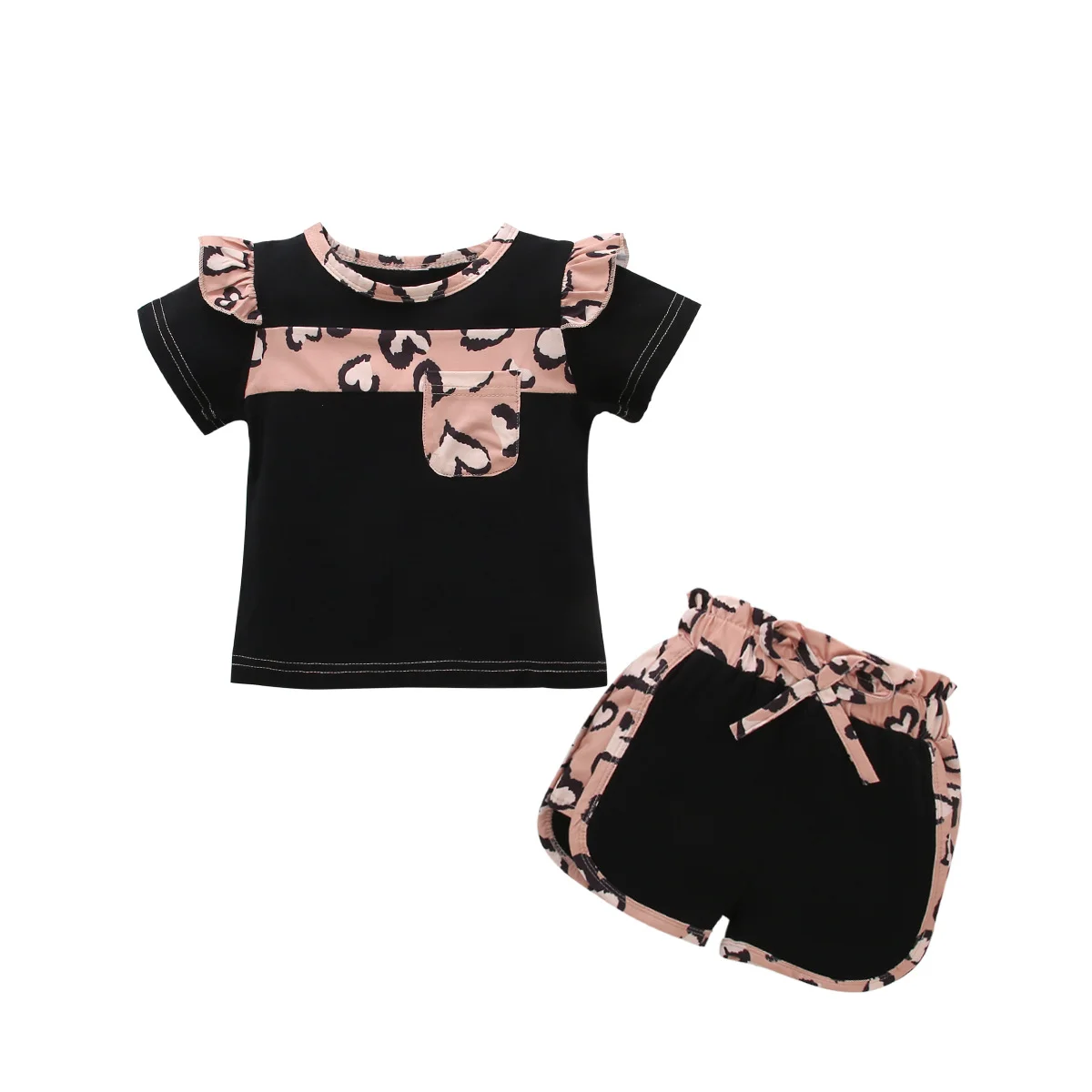 

Kids Clothing Set Lovely Heart Print T-shirt With Pocket Decorative Border On Shoulders Cotton Girls Summer Clothes