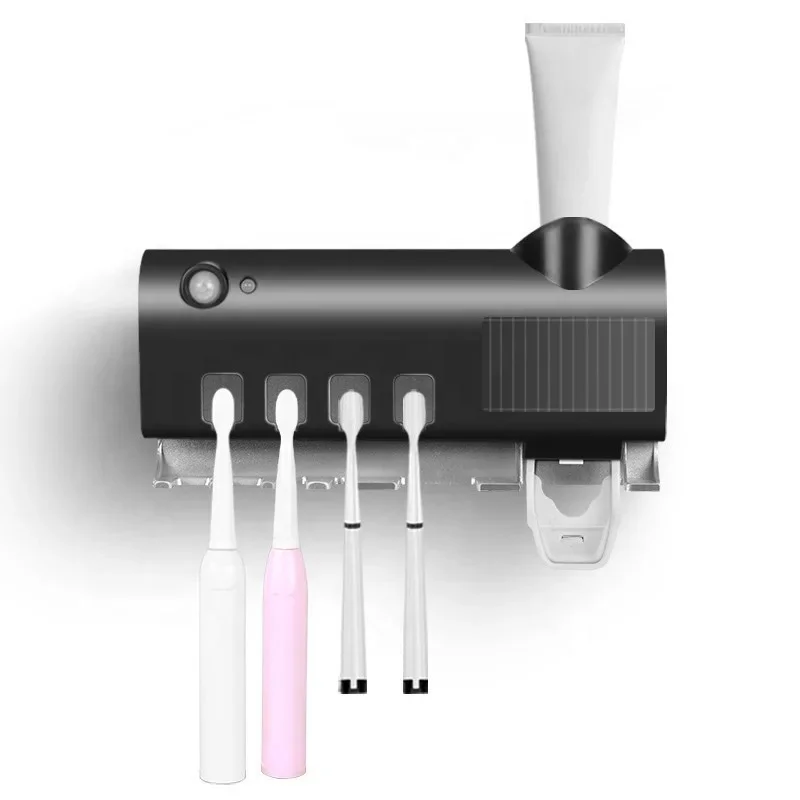 

3 In 1 Toothbrush Holder UV 99.99% Disinfection Solar Energy + USB Charging Toothpaste Dispenser, Black/white
