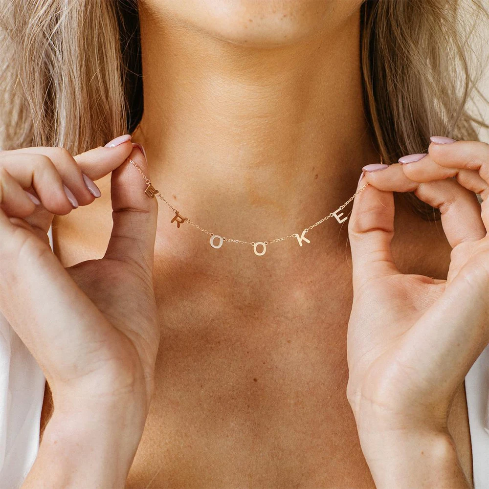 EManco Customized Stainless Steel Trendy 14K Gold Plated Women's Personalized Letter Choker Necklace Pendant Nameplate