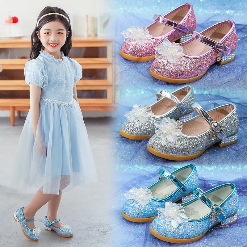 

2021 New Spring and Autumn Girls' Single Shoes Sequin Princess Shoes Show High-heeled Leather Shoes Crystal Shoes