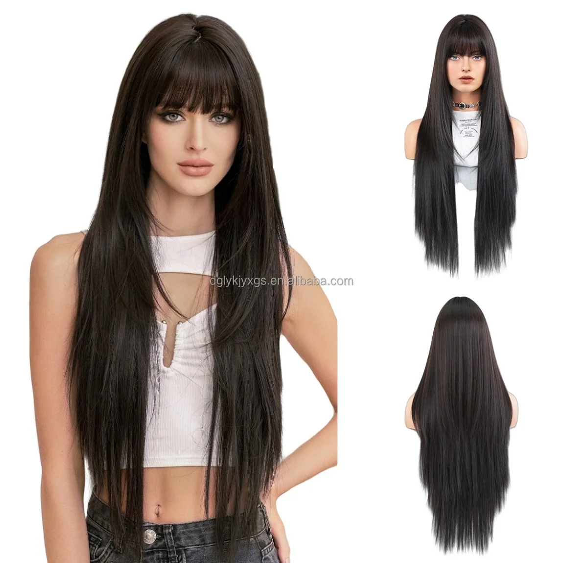 Wholesale 34 Inch ultra Long Straight Hair with Bangs Wig and Layered Straight Hair Suitable for Women Hair Daily Wear