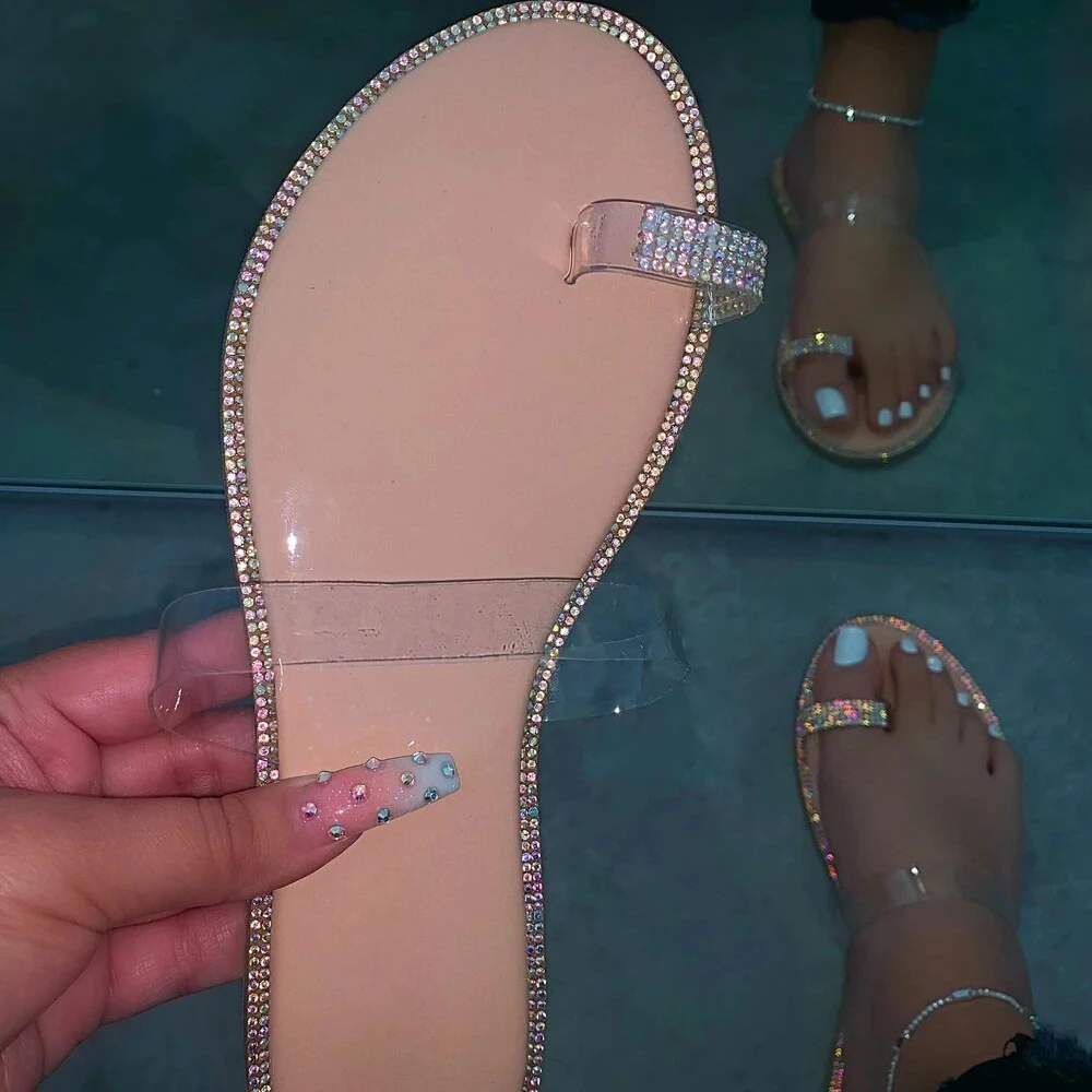 

2021 Summer new style flip flops women flat rhinestone sandal plus size flat heel women sandals, Pictures