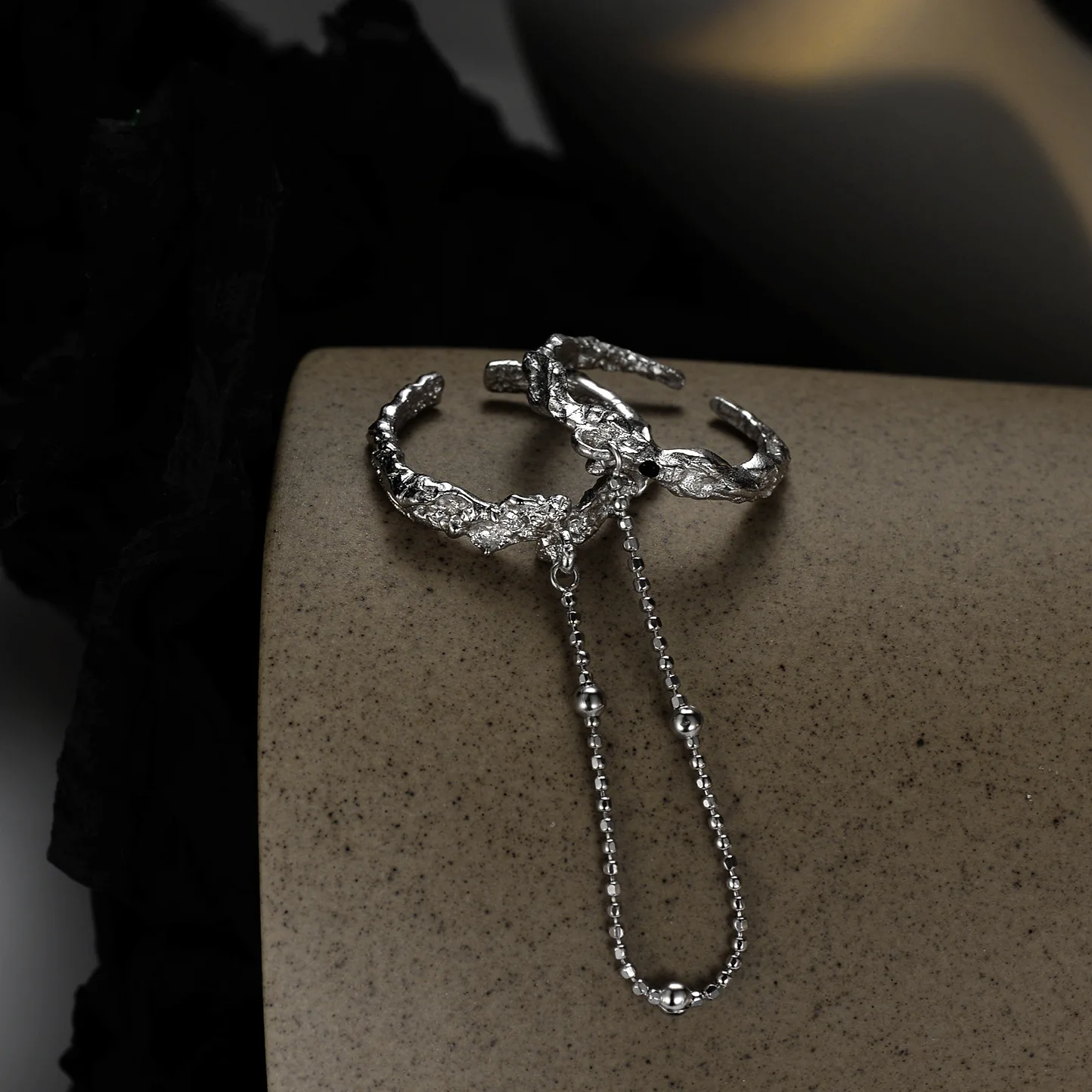 

Sailing Silver Jewelry Texture Open Rings Sterling Silver Rings Double Chains Ring