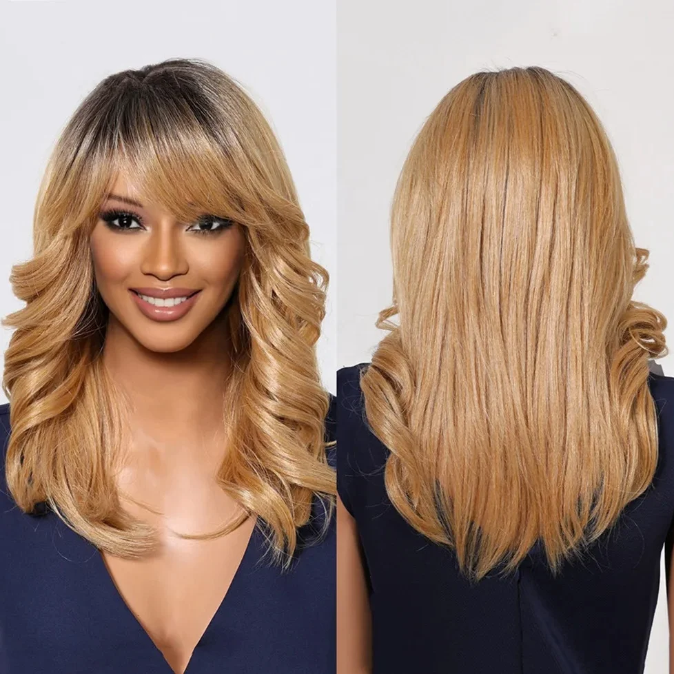 Moq 1 Factory Wholesale Golden Wavy Synthetic Wigs with Bangs Ombre Blonde Wigs Medium Length Fluffy Realistic Hair