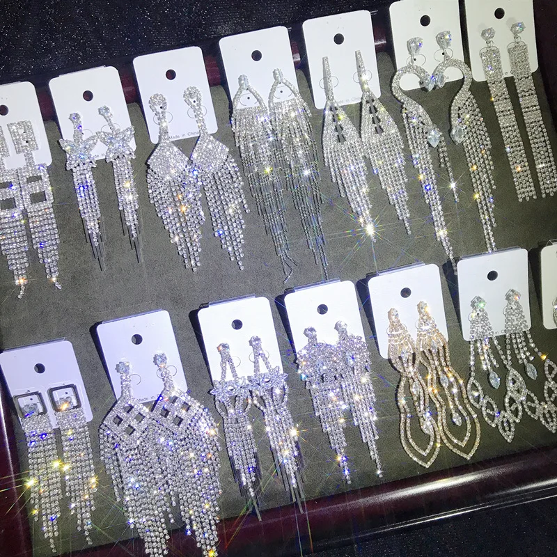 

40 models luxury bridal jewelry Sliver exaggerated big large long crystal fringe chandelier tassel rhinestone earrings for women, Silver