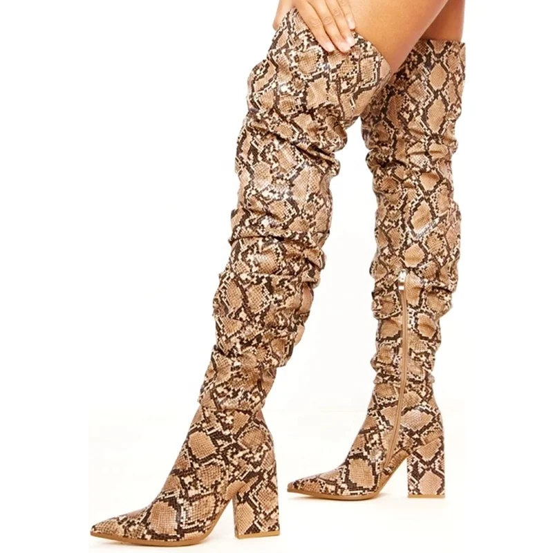

Stylish Women Snakeskin PU Upper Long Thigh High Boots Ladies Side-half Zip Pointed Toe Over Knee High Booties Dress Shoes, Black, brown