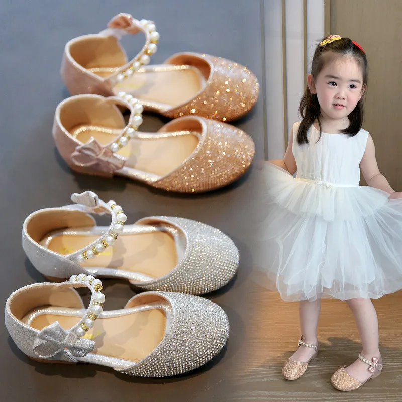 

2021 new ins Korea style Fashion Pearl crystal bowknot baby toddler kids girl flat leather children's casual shoes