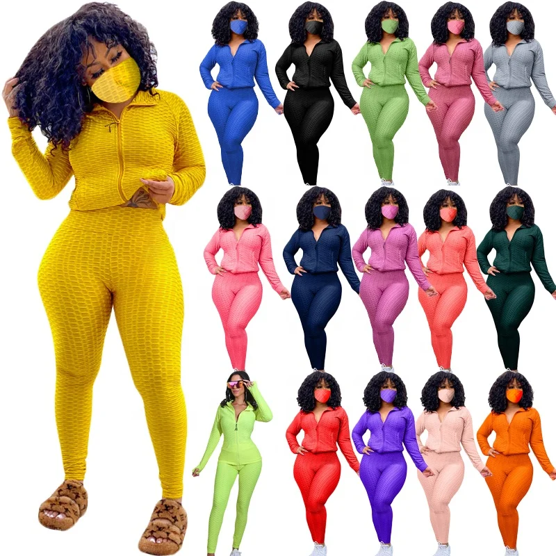 

QC-M2941 High Waisted Textured Scrunch Butt Lift face cover zipper plus size 4XL 2 piece sweatsuits plain women tracksuit