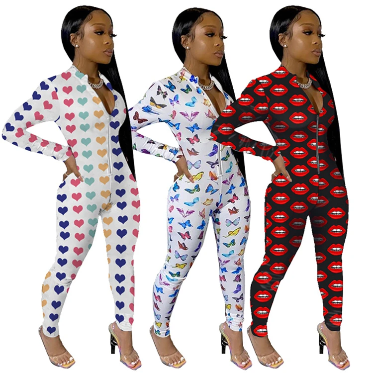 

fashion new design long sleeve butterfly printed women one piece jumpsuit with zip front