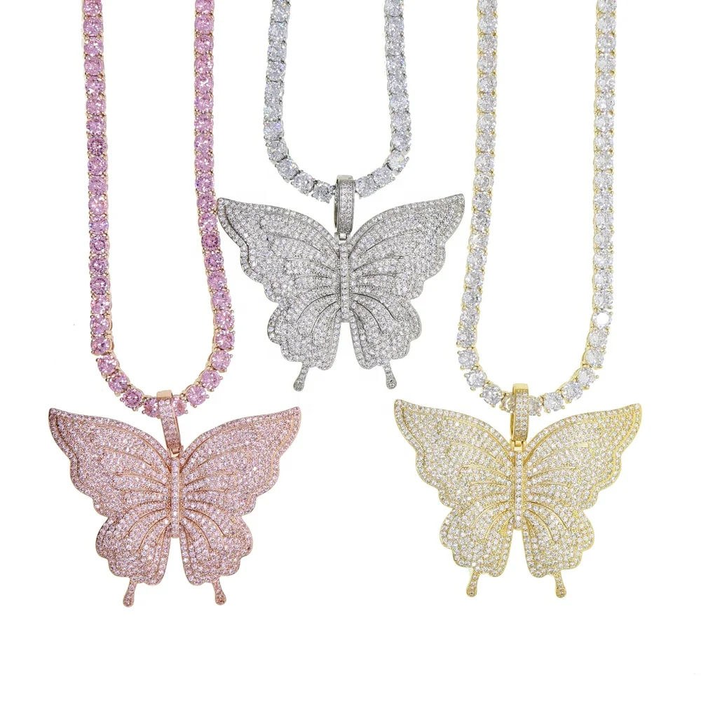 

cz tennis chain butterfly necklace iced out bling women jewelry, Rose gold