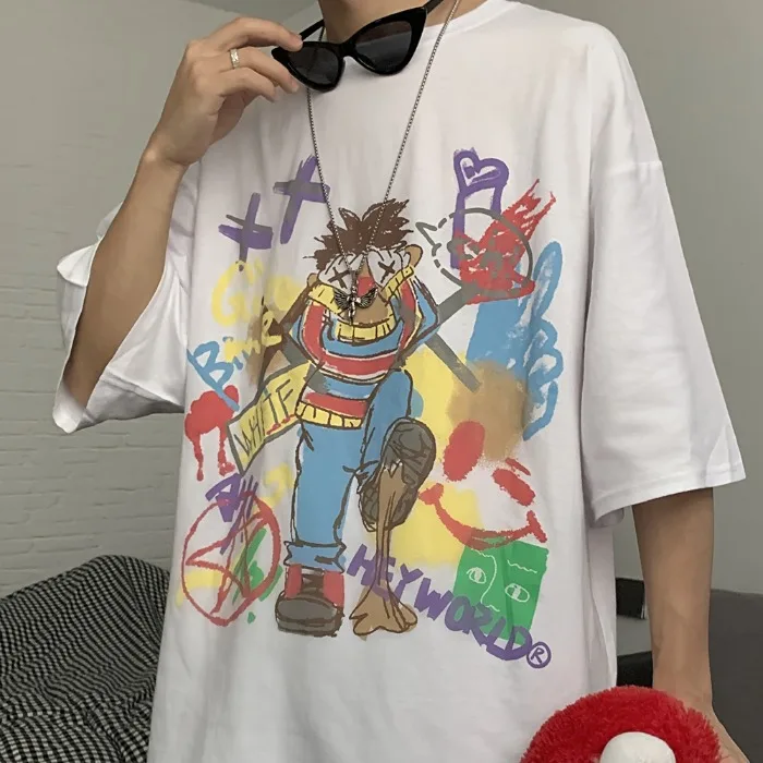 

Wholesale Fashion Stylish Unisex Graphic Tees Plus Size Loose Graffiti Printed Raglan Short Sleeve T-shirt