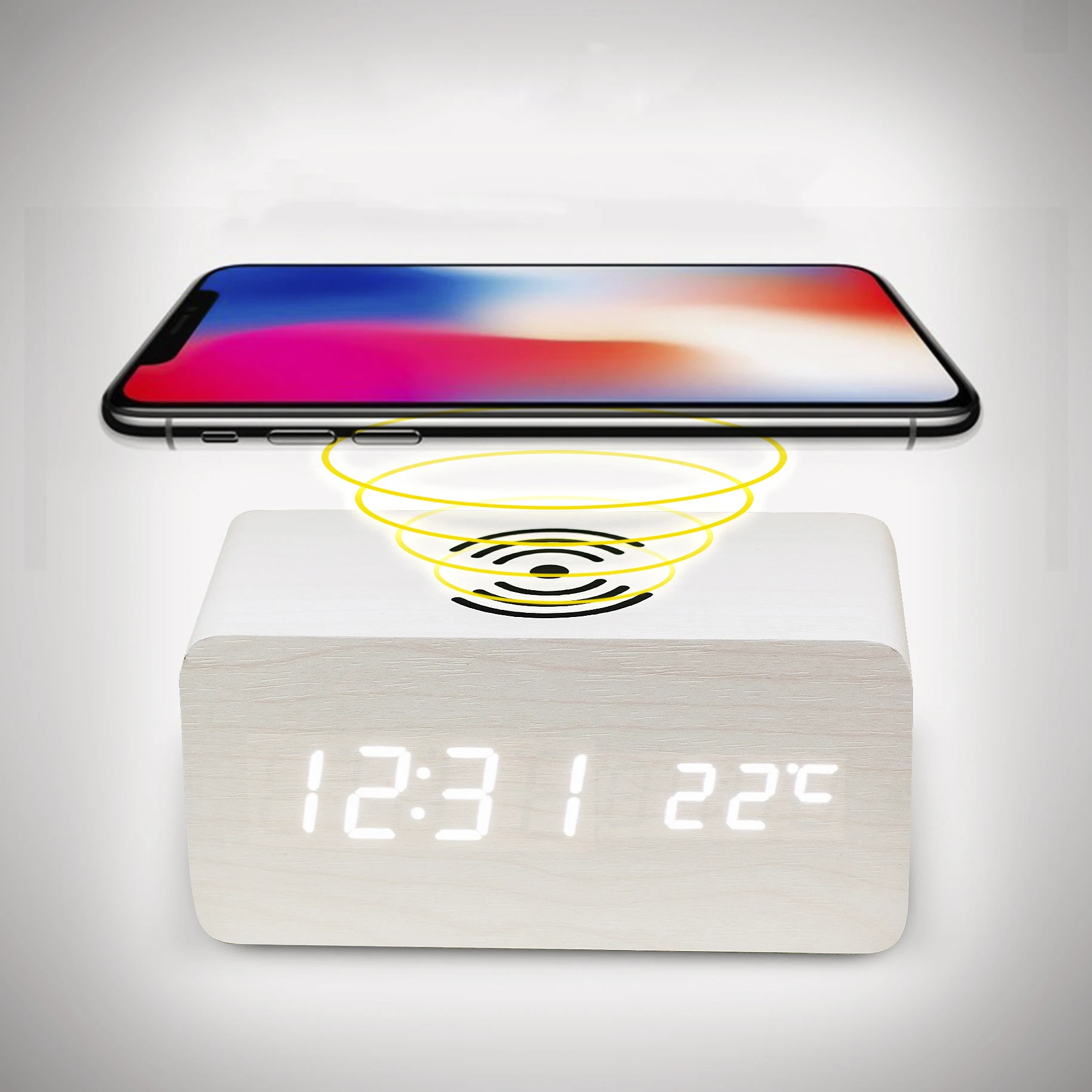 

Wooden LED voice control digital wooden battery powered mobile phone wireless charging built-in thermometer clock