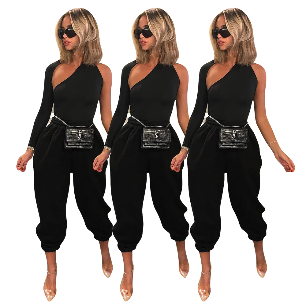 

spring cool girl one sleeve fashion sexy tight suit black asymmetrical designs women full length casual pants outfits sets