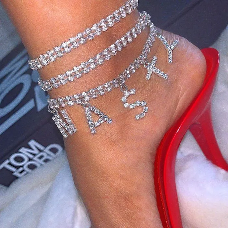 

Cross-Border Nightclub Multi-Layer Flashing Diamond Adjustable Anklet Letters Anklets Women, Silver,gold