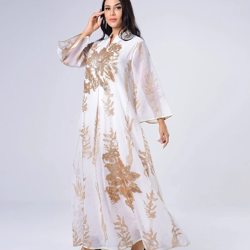 

2021 golden sequin embroidered muslim abaya women's jalabiya Dubai Arabic Lent Festival dress, Picture