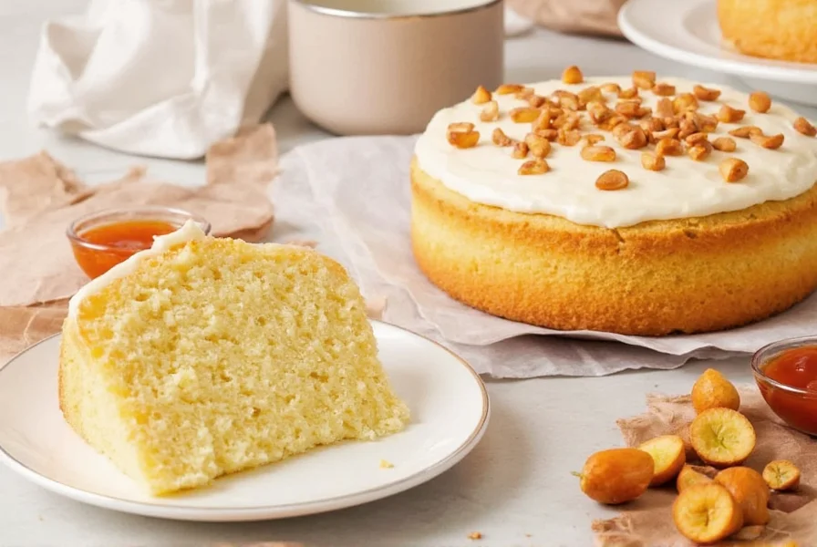 Slice of moist ginger cake with cream cheese frosting on vintage plate