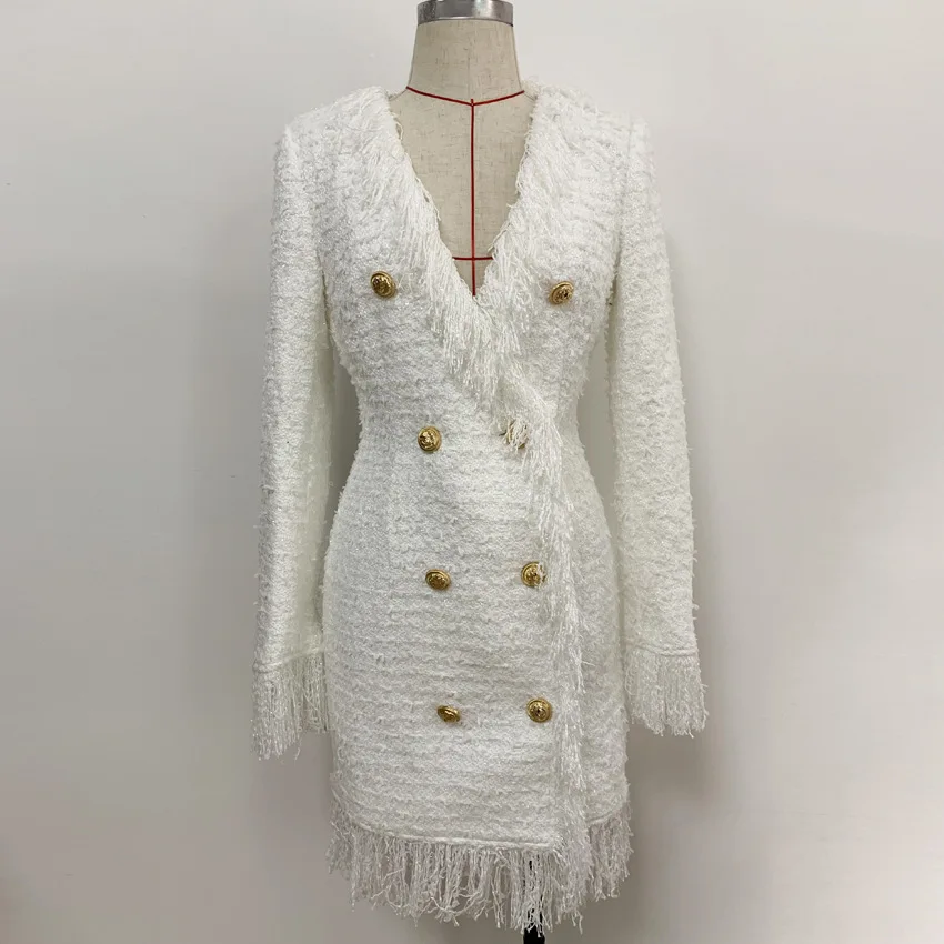 

2020 Newest Women's fancy V neckline Tassel Tweed wool Fringed suit dress