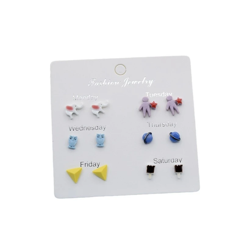 

Ceramic Simple Cute Earrings Love Dolphin Cat Claw One Week Earrings 6 Pairs Set, Colorful