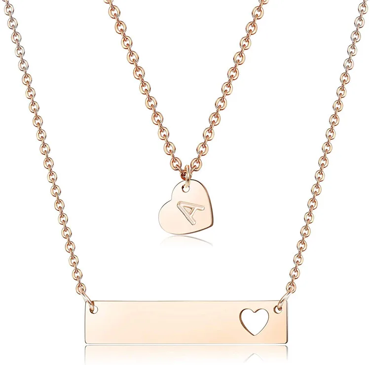 

Rose Gold Plated Copper Initial Heart Bar and Letter Pendant Necklace for Women Mother Multilayer Necklace