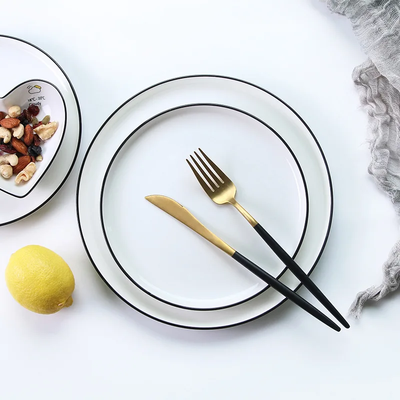 

Pottery and porcelain Nordic black line side tableware plate family dish set