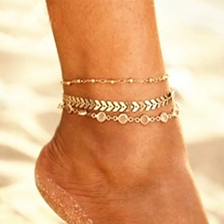 

Indian 3pcs/set Gold Color Simple Chain Anklet for Women Crystal Beach Foot Jewelry Leg Chain Ankle Bracelets Women Accessories, Gold,silver