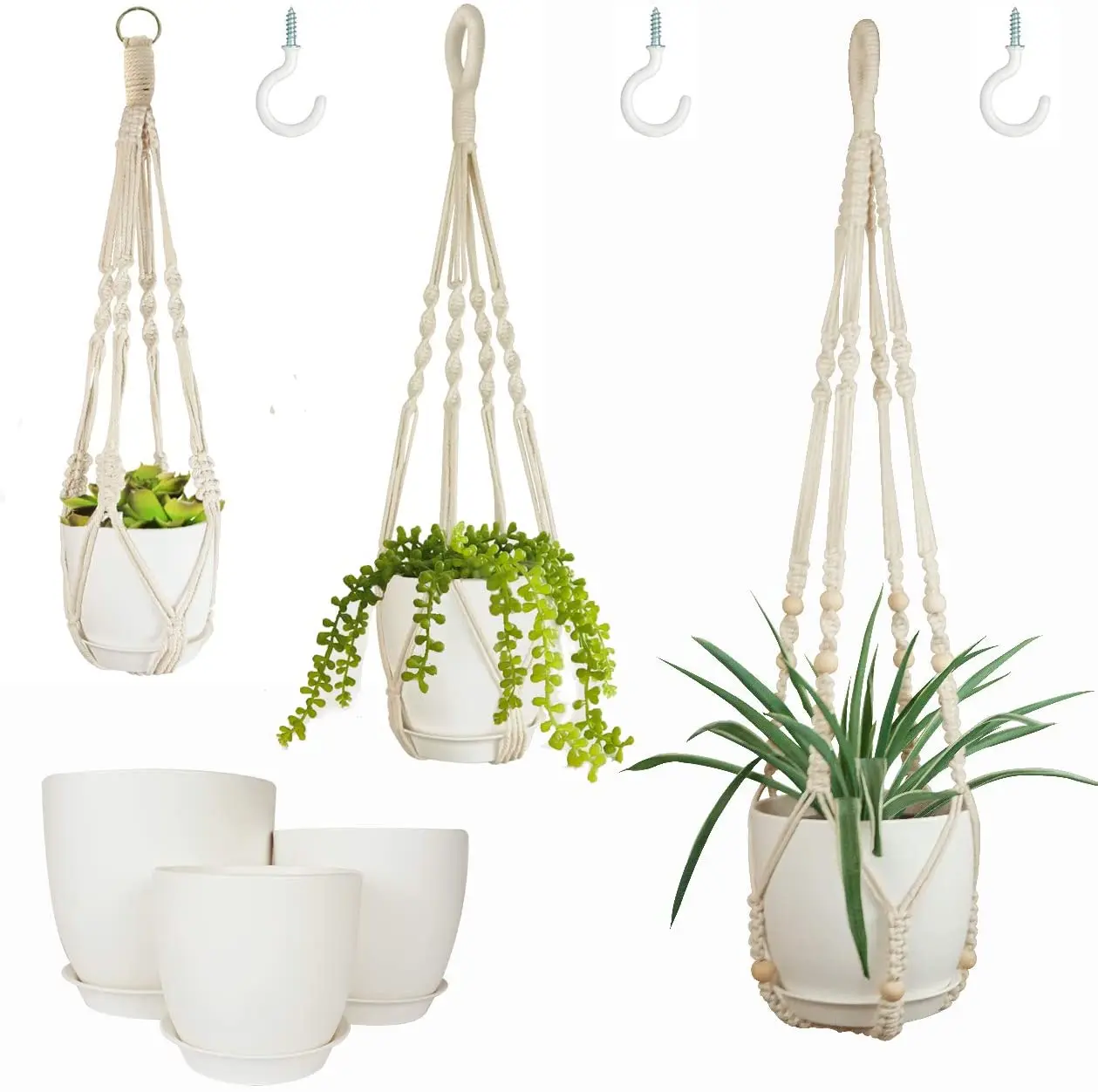 

Best Selling Boho Macrame Set for Indoor Home Decor Hanging Pots Plant Hanger Plant Fiber All-season Support 1sets White