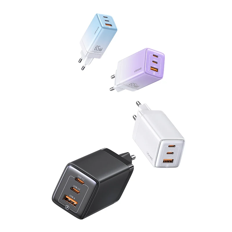 

USAMS Hot Selling Fast Charger 65W Portable 3 Ports Mini Travel Wall Charger for phone UK Plug GaN Fast Charger Adapter