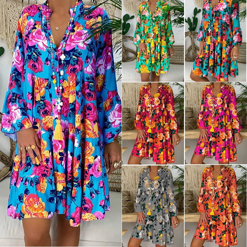 

DS-312 Hot Sale women printed summer long sleeve V Neck plus size t shirt dress