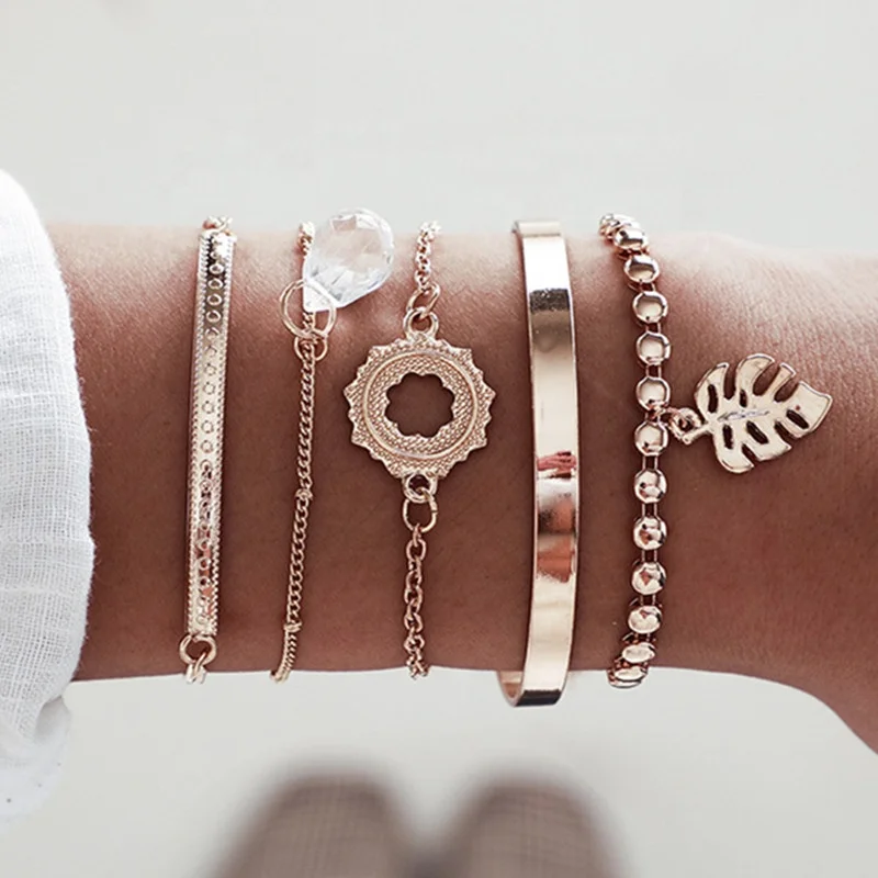 

5pcs/set Vintage Gold Plated White Water Drop Sun Leaves Bracelets Bangles Chain Bracelet Sets