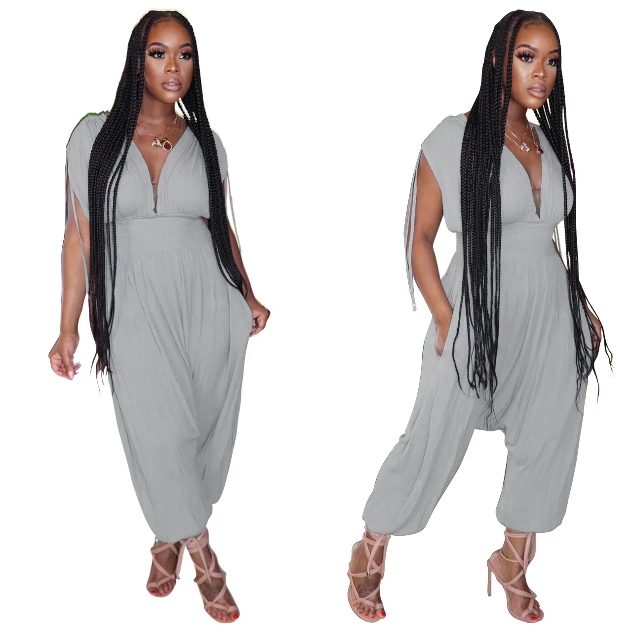 

Wholesale Summer Solid Color Corset Deep v Loose Drawstring Harem Pants Splicing Hollow Out Rompers Womens Jumpsuit, Shown